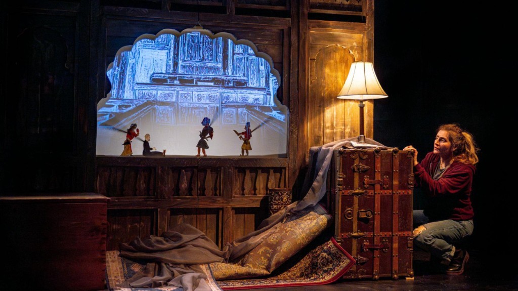 AZAD (the rabbit and the wolf) at Potrero Stage, San Francisco — Sona Tatoyan with shadow puppets and steamer trunk, April 2025