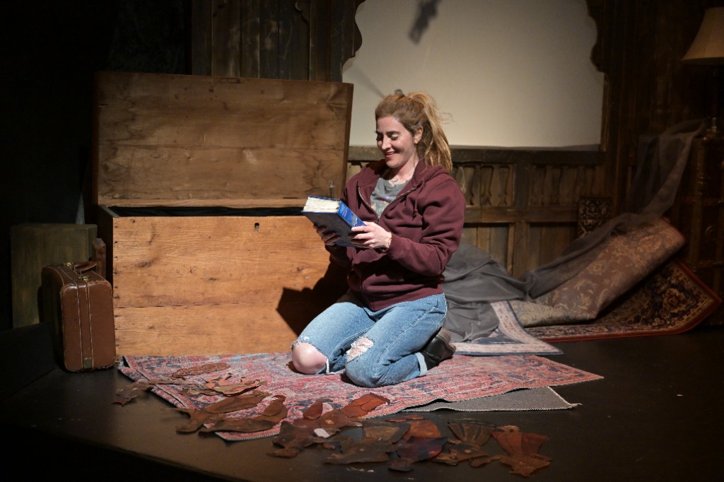 Sona Tatoyan with the Aleppo trunk and Karagöz shadow puppets in AZAD (the rabbit and the wolf) at Potrero Stage, San Francisco, April 2025