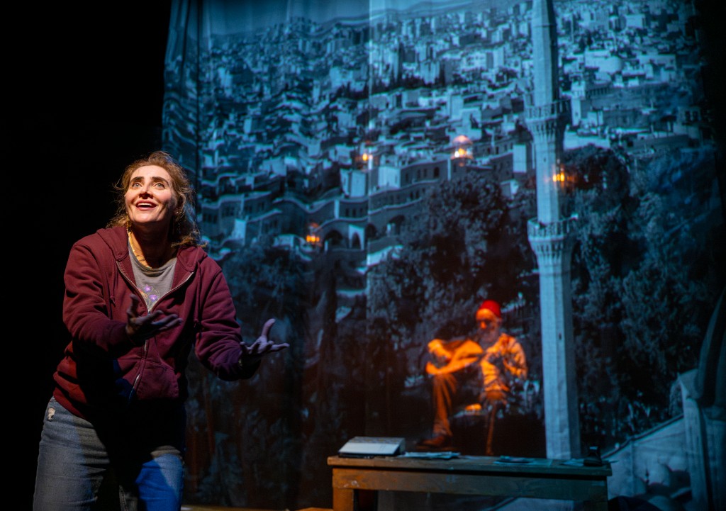 AZAD (the rabbit and the wolf) at Potrero Stage, San Francisco — Sona Tatoyan performing before a projected cityscape, April 2025